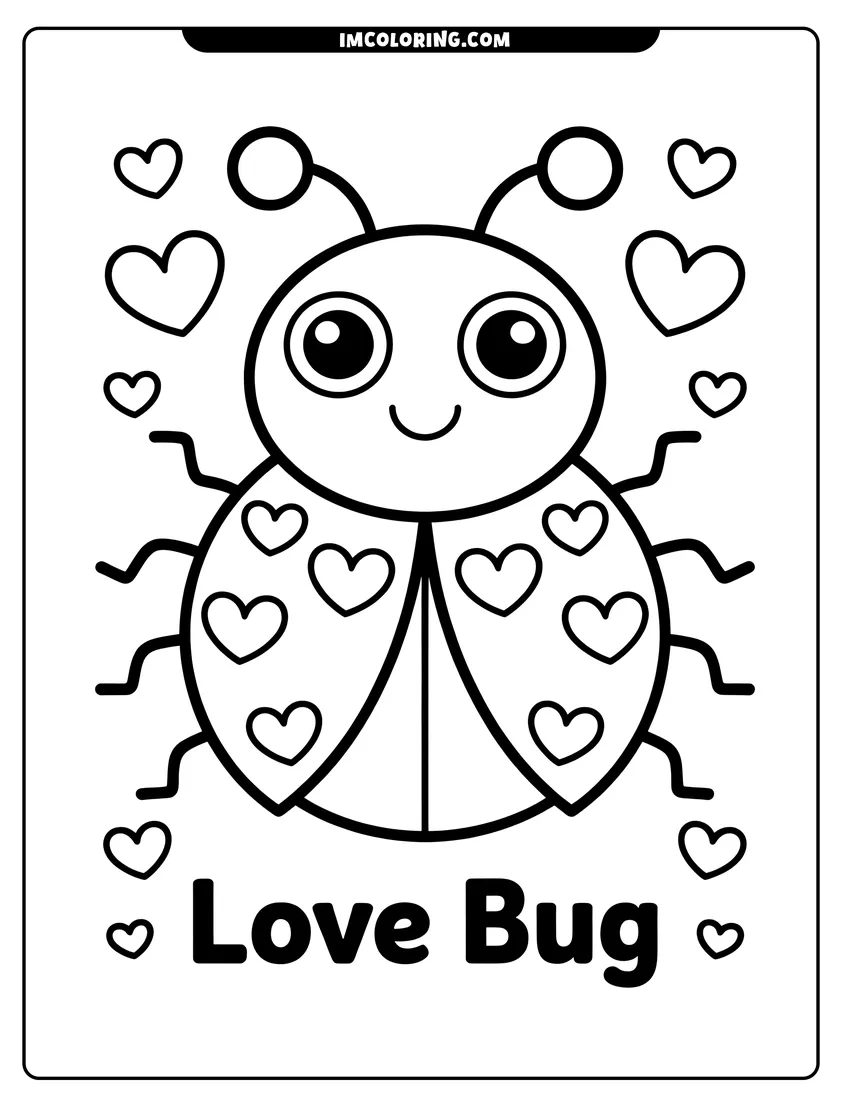 Simple sketch of A cute cartoon ladybug with heart-shaped spots on its wings surrounded by small floating hearts to color