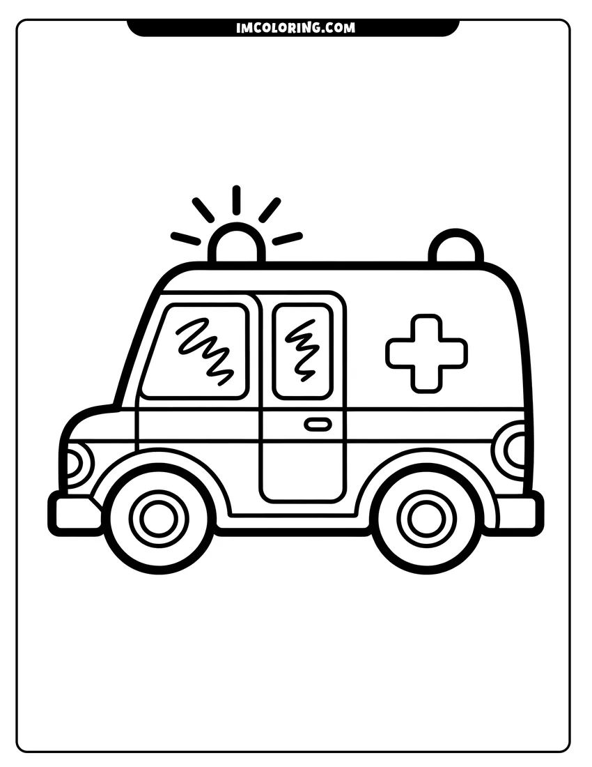 Vector style outline of A simple line drawing of a cartoon ambulance with a flashing siren and thick black outlines