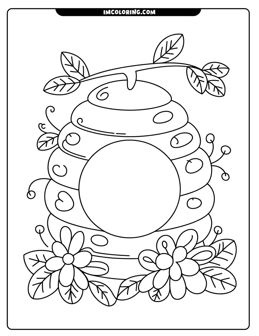 Simple sketch of A beehive hanging from a leafy branch surrounded by blooming flowers and decorative swirls in black and white to color