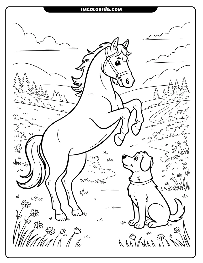 Downloadable coloring page of A horse rearing on its hind legs next to a sitting dog in a hilly countryside landscape