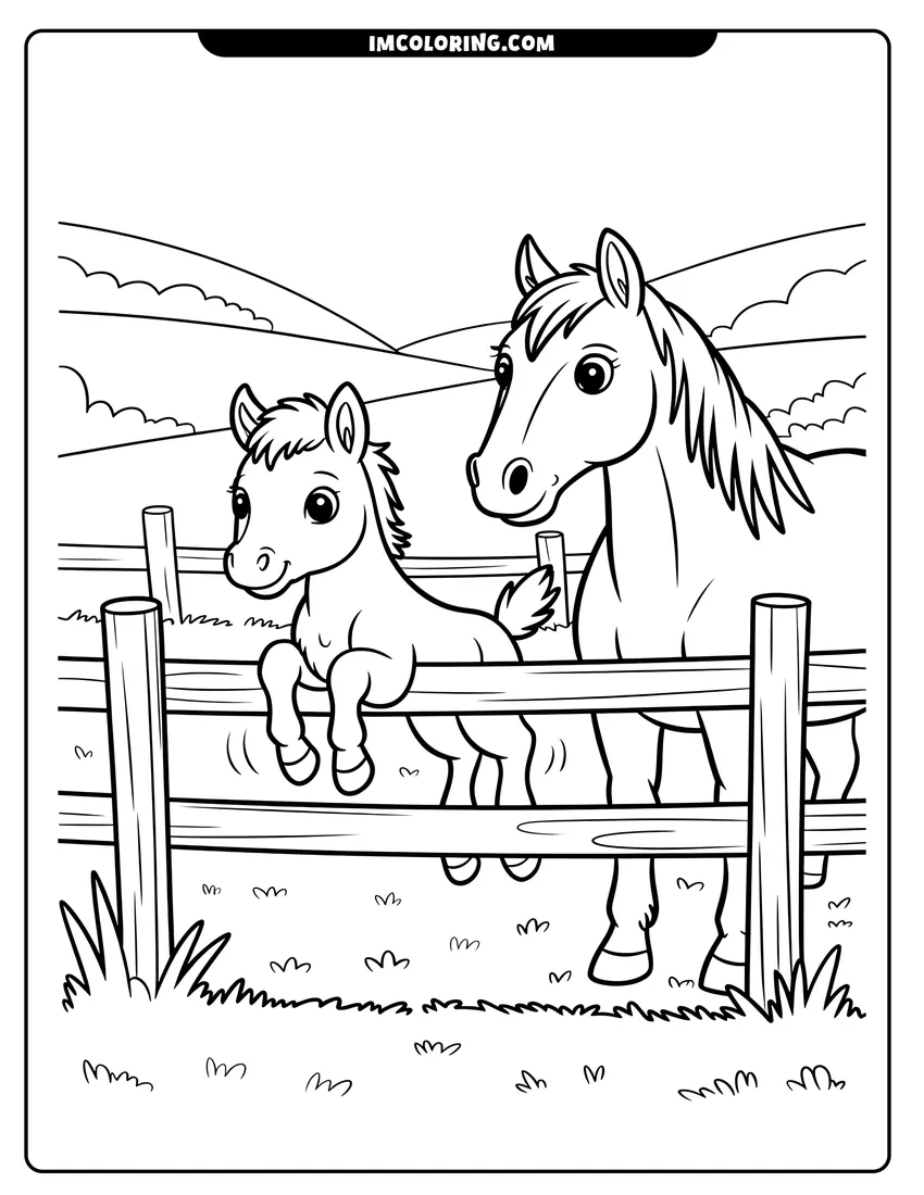 Free to print drawing of A cartoon mother horse and her foal stand behind a wooden fence with rolling hills in the background