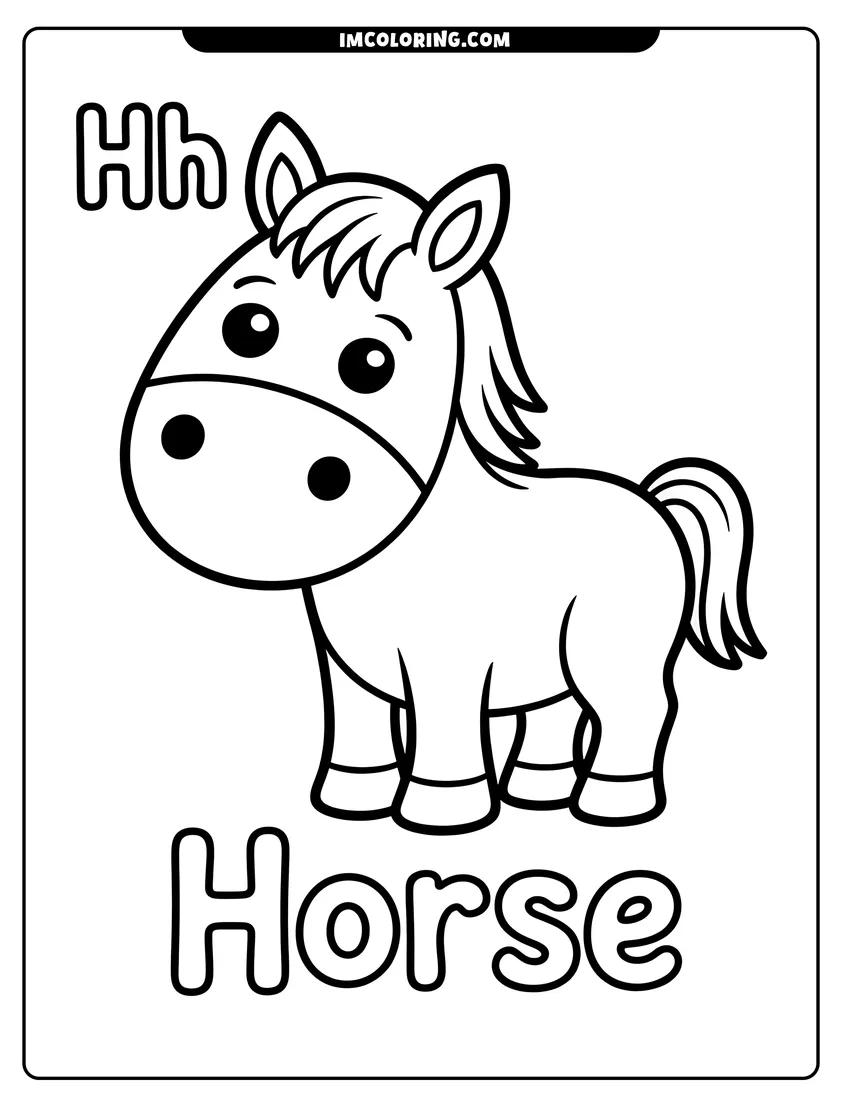 Printable coloring page of Cute cartoon horse standing with uppercase and lowercase letter H and the word Horse written in bold outlines