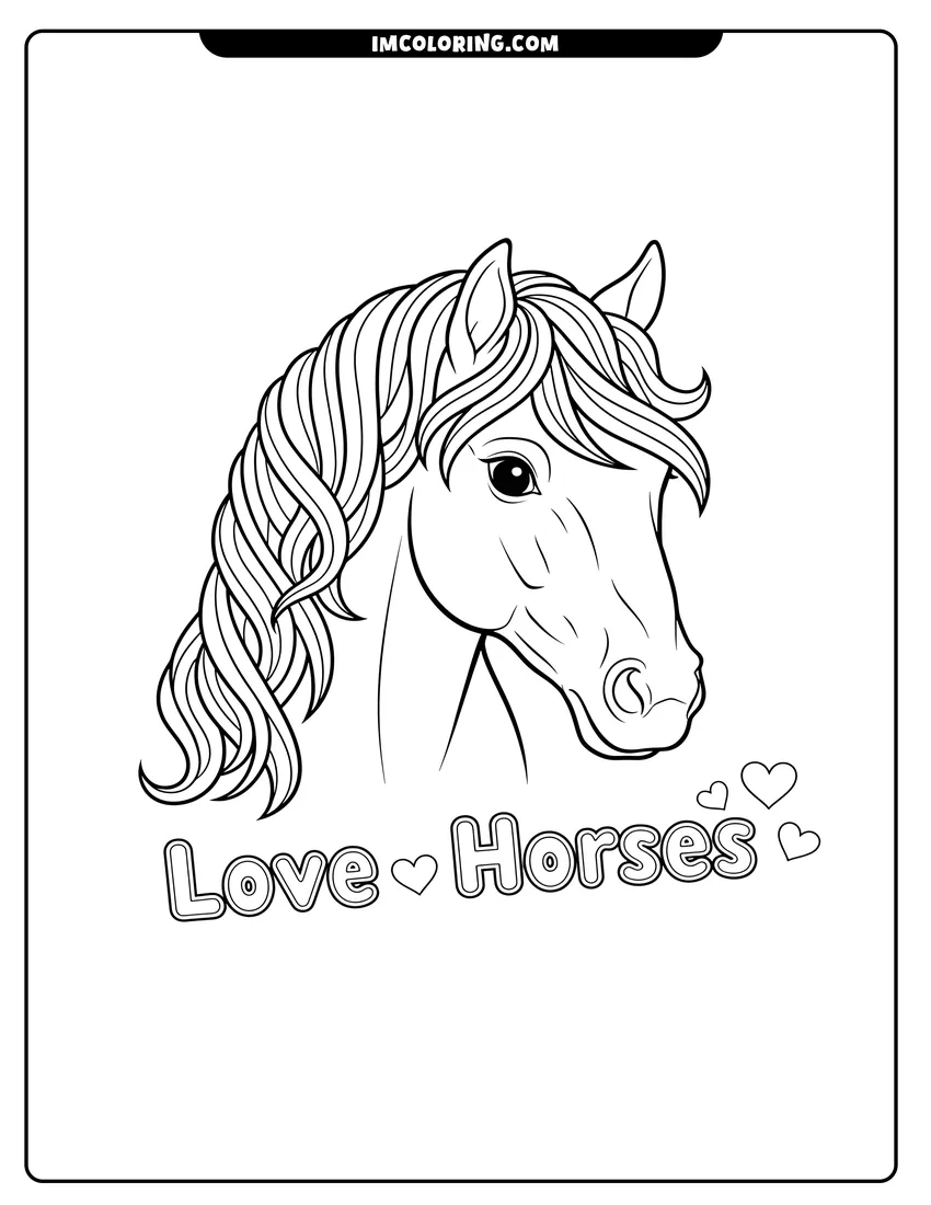 High quality printable A detailed horse head illustration with a wavy mane and the text Love Horses surrounded by hearts for coloring