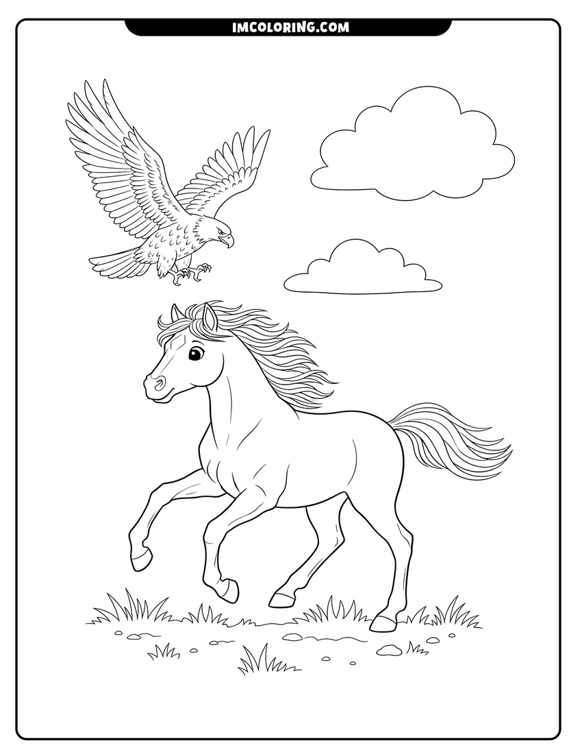 Clean line drawing: A cheerful horse galloping through a field with a large eagle soaring in the sky above him