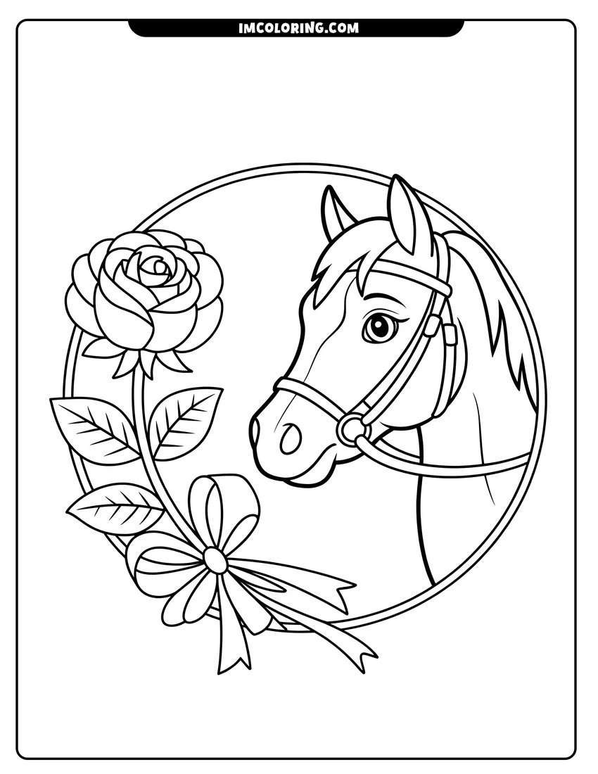 Linear illustration of A horse head profile inside a circular frame decorated with a large blooming rose and a ribbon