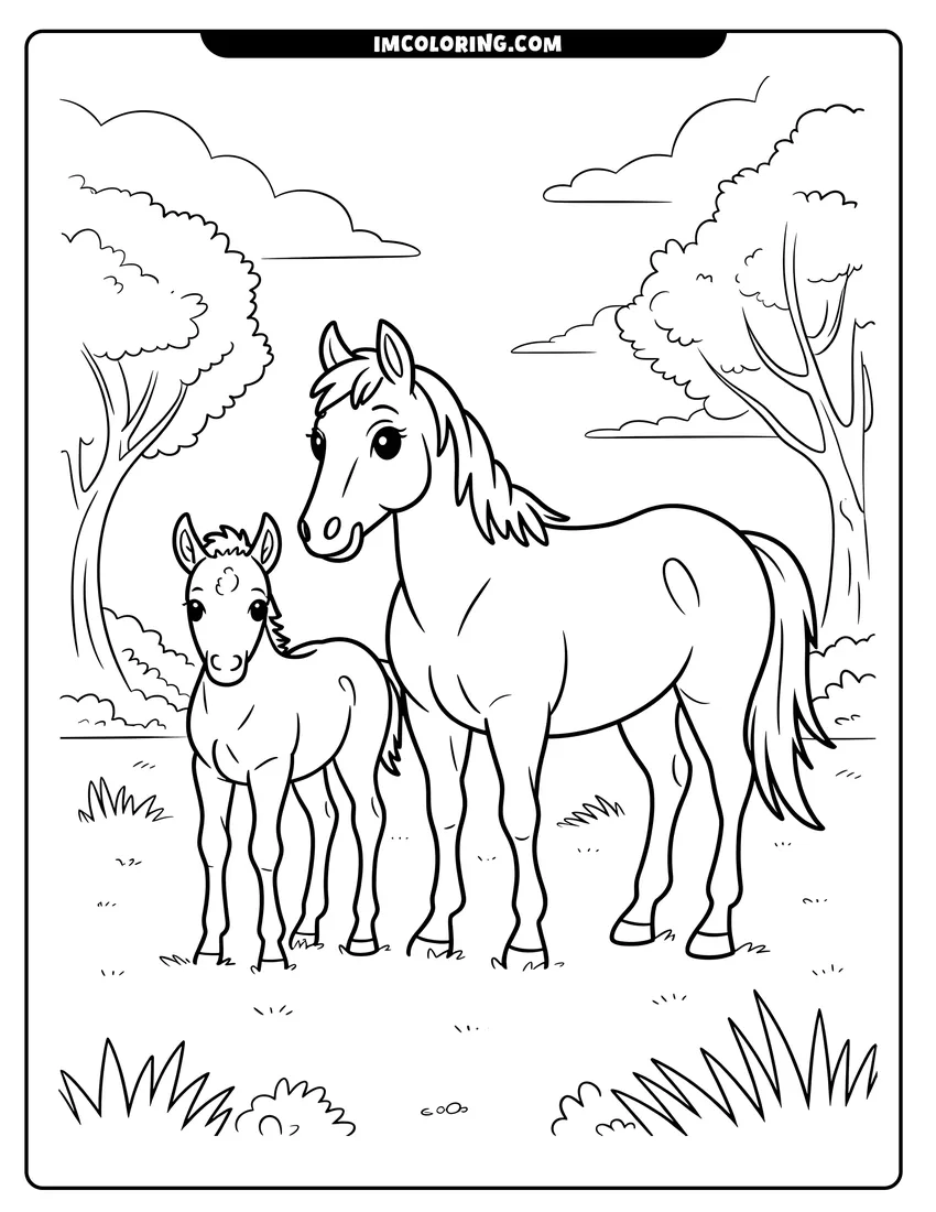 High quality printable A mare and her foal standing together in a grassy field with trees and clouds in the background for coloring