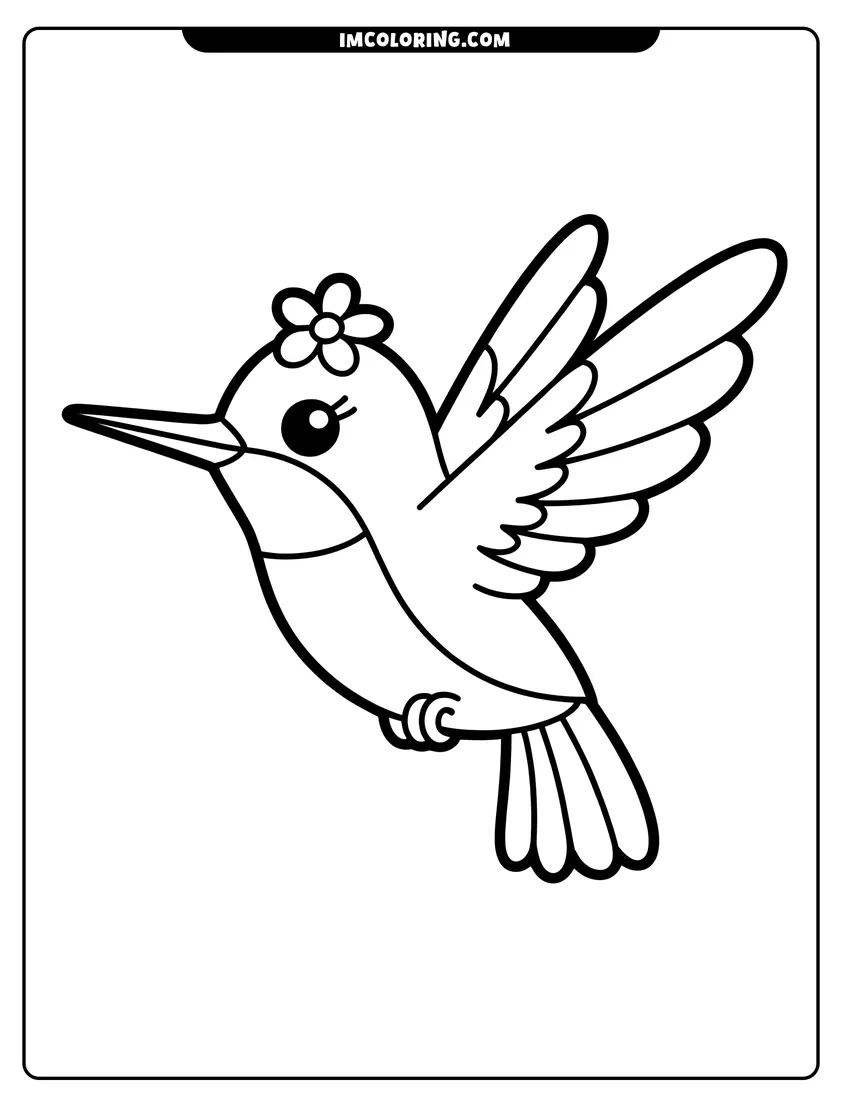 Free to print drawing of A cute cartoon hummingbird with a flower on its head flying through the air with spread wings