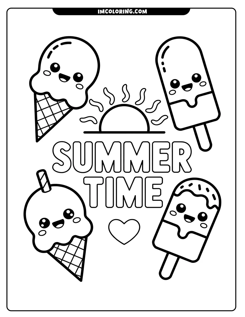 Outline drawing of Four cute smiling ice cream cones and popsicles surrounding the sun and the words Summer Time