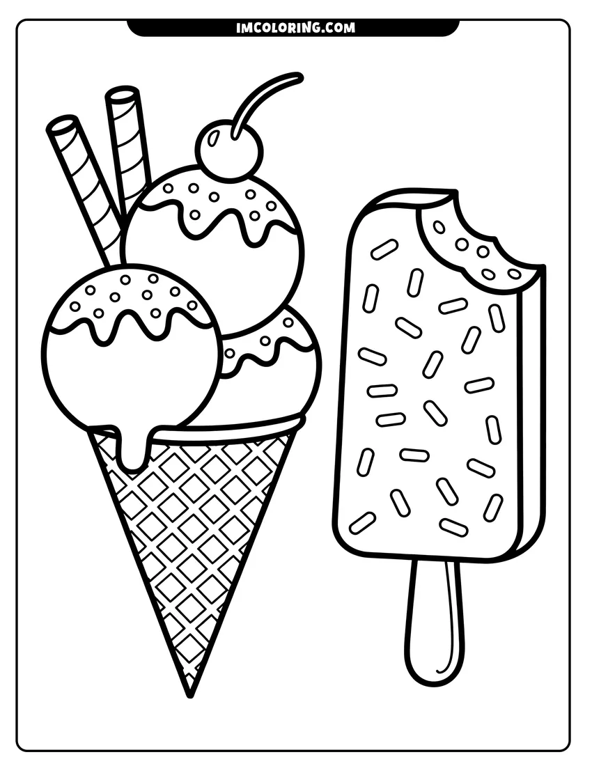 Printable coloring page of A triple scoop ice cream cone with a cherry and a bitten popsicle covered in sprinkles