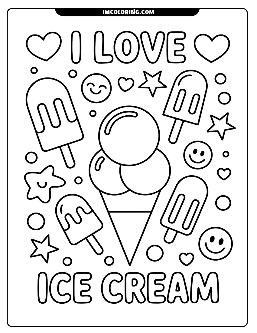 High quality printable Line art featuring an ice cream cone, popsicles, stars, and hearts with the text I love ice cream for coloring