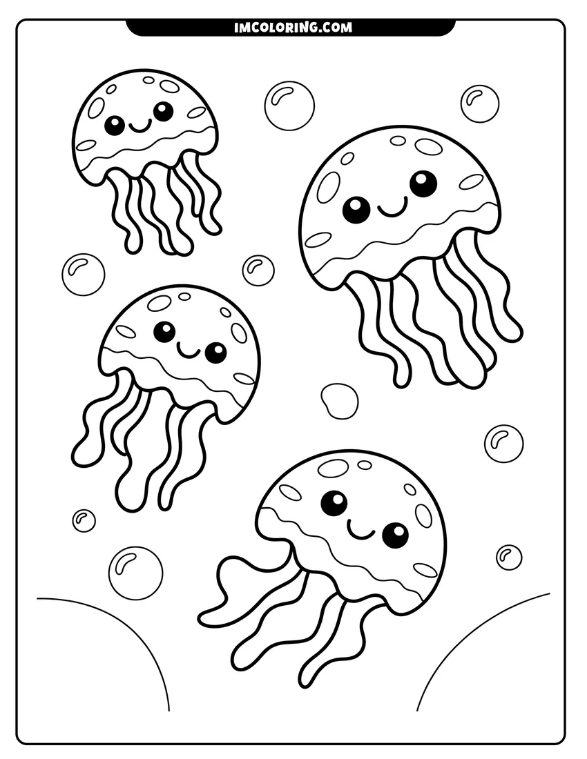 Free to print drawing of Four smiling cartoon jellyfish swimming underwater surrounded by small bubbles