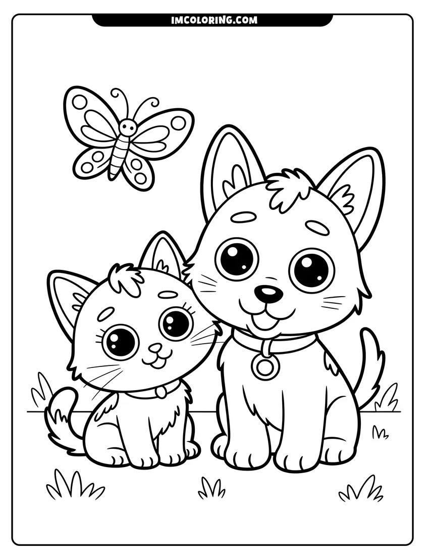 Printable coloring page of A cute kitten and puppy sitting in the grass looking at a large butterfly flying above them