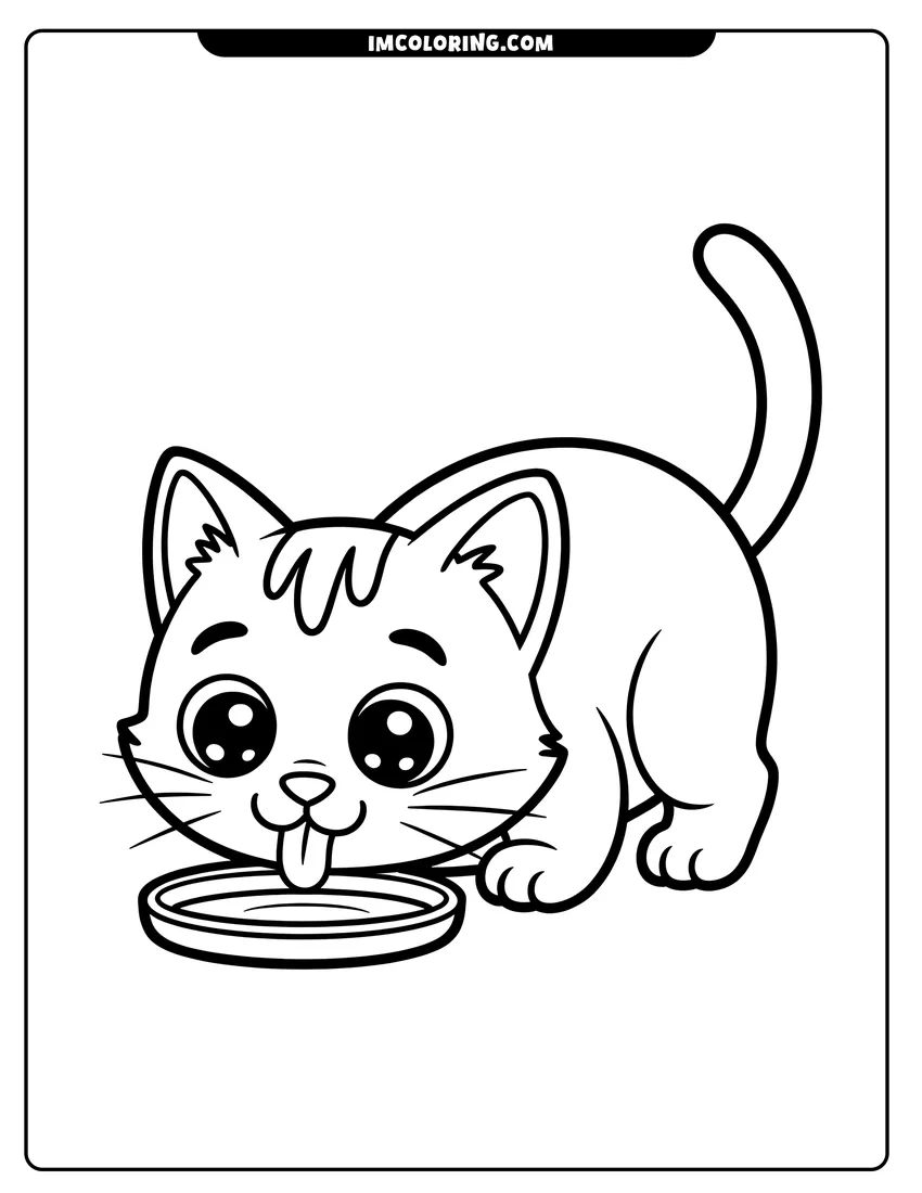 Linear illustration of A cute cartoon kitten with large eyes lapping milk from a shallow bowl with its tongue out
