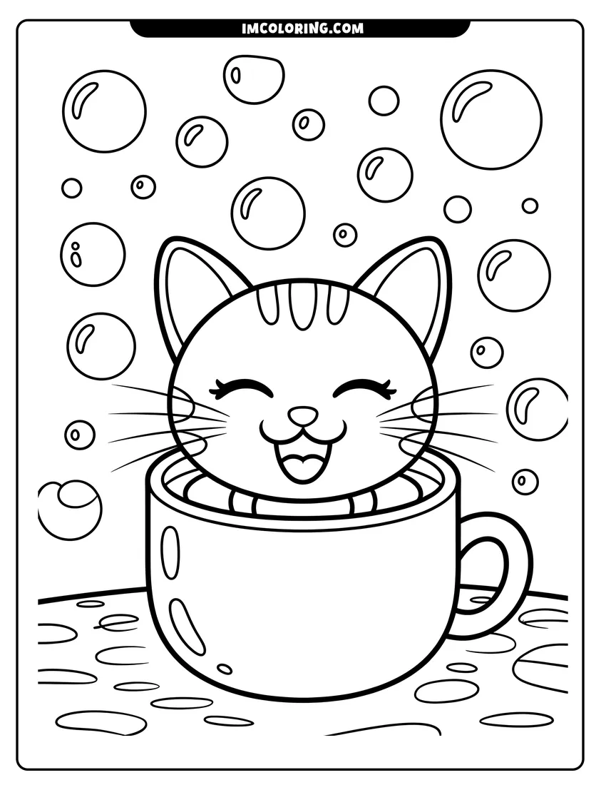 Outline drawing of A happy cartoon kitten sitting in a teacup surrounded by floating bubbles on a patterned surface