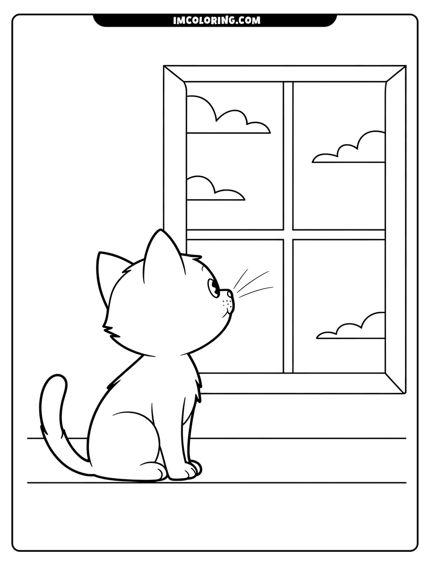 Full page coloring image of A cute kitten sits on a ledge while looking out a large window at clouds in the sky