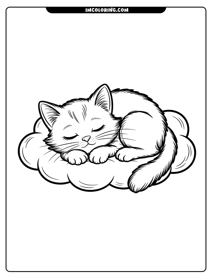 Coloring sheet featuring A small fluffy kitten sleeping peacefully on a large soft cloud with its eyes closed