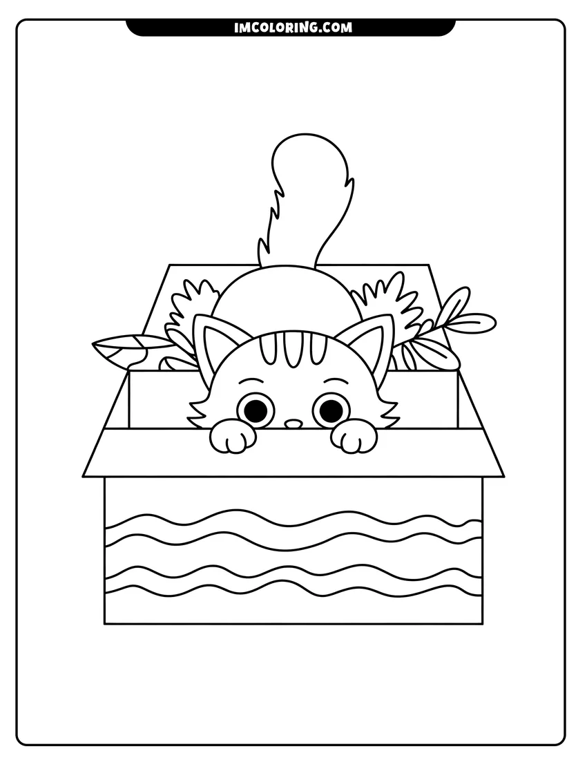 Clean line drawing: A cute cartoon cat peeking out of a decorated cardboard box with its paws resting on the edge