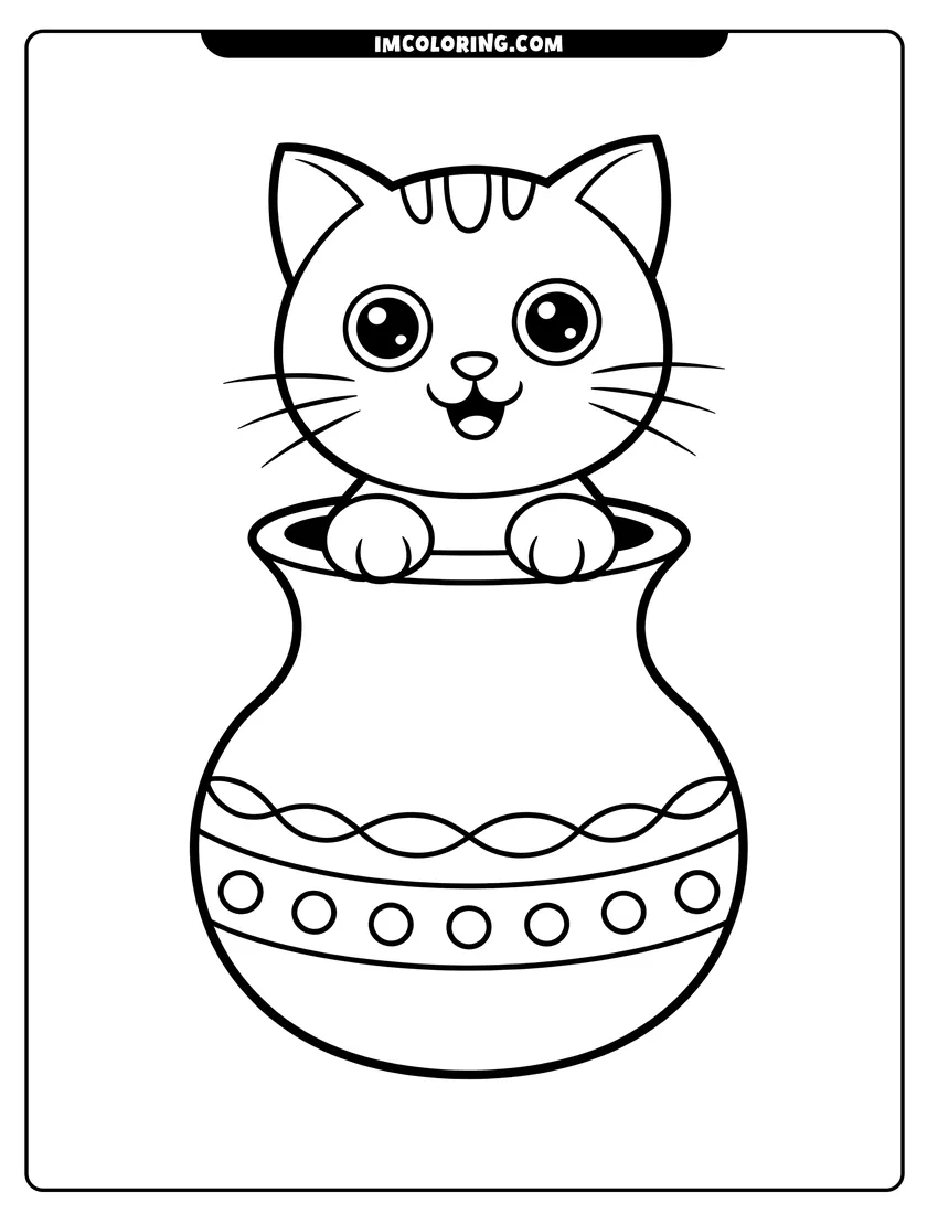 Full page coloring image of A cute cartoon kitten peeking out of a decorated round vase with its paws resting on the rim