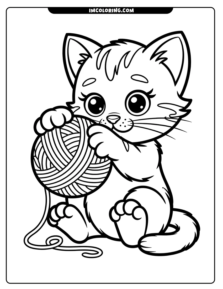 Vector style outline of A cute kitten with large eyes sitting and holding a striped ball of yarn with its paws