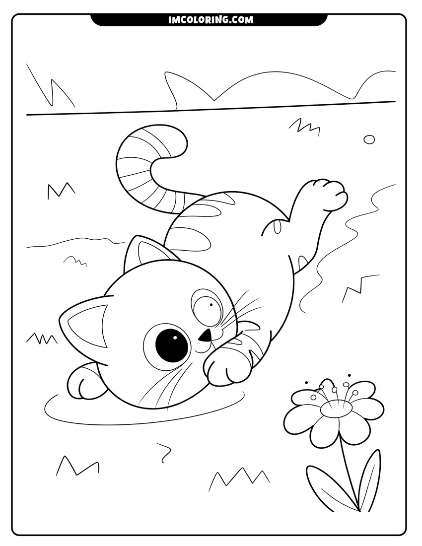 Simple sketch of A cute cartoon kitten with big eyes rolling on its back in the grass near a flower to color