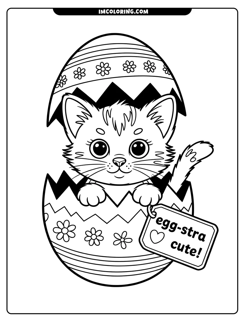 Linear illustration of A small kitten peeking out of a cracked Easter egg decorated with flowers and a small tag