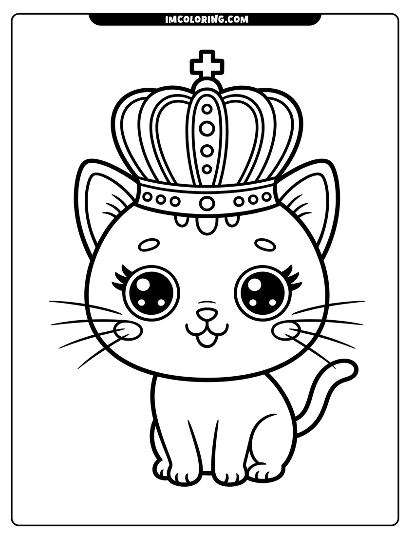 Vector style outline of A cute kitten with big eyes wearing a large royal crown with jewels and a cross on top