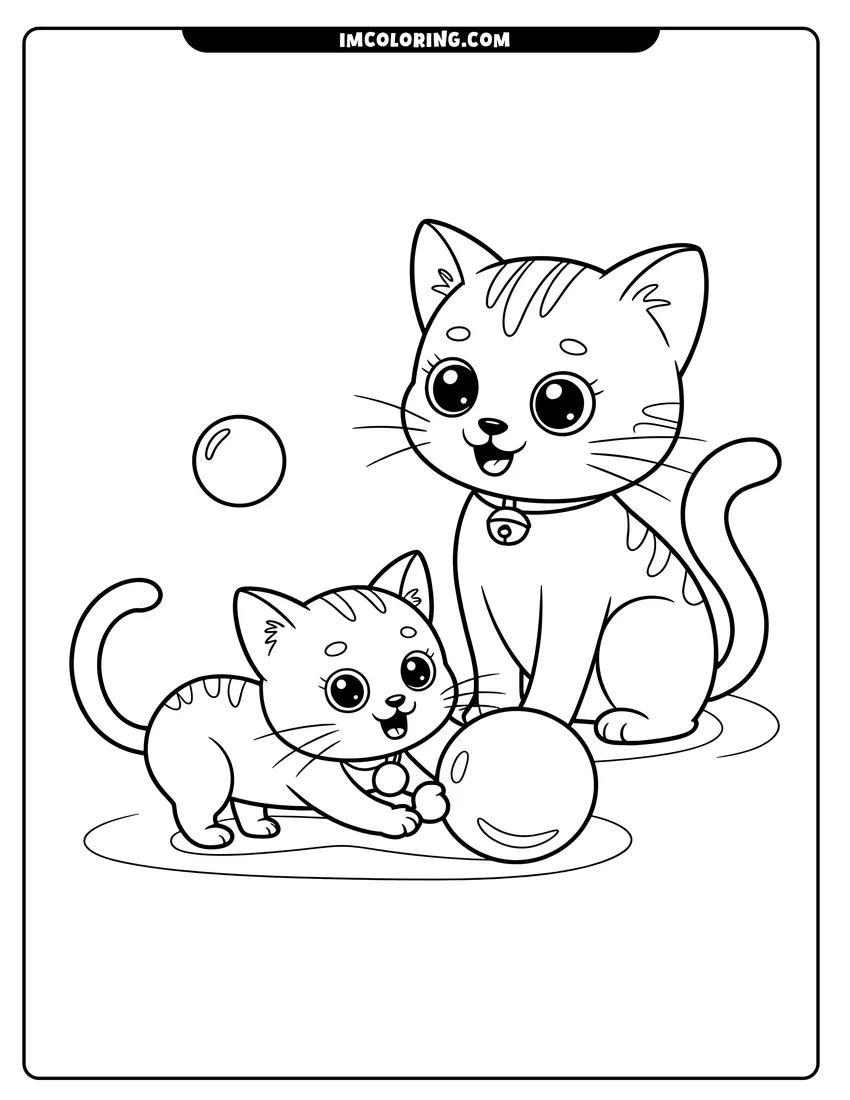 Black and white line art of Two cute kittens with collars and bells playing with two balls on a flat surface