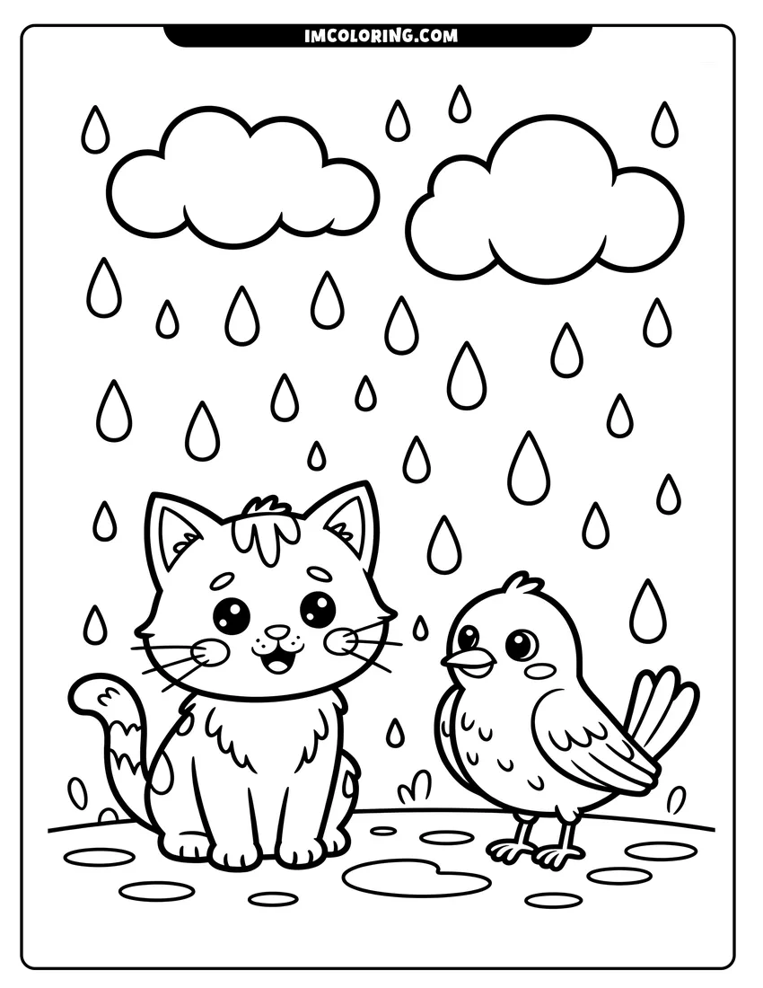 High quality printable A cheerful kitten and a small bird sitting together in the rain with raindrops and clouds above for coloring