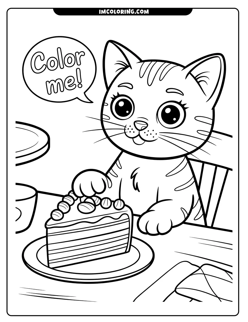 Downloadable coloring page of A cute cartoon cat sitting at a table about to eat a slice of layered berry cake