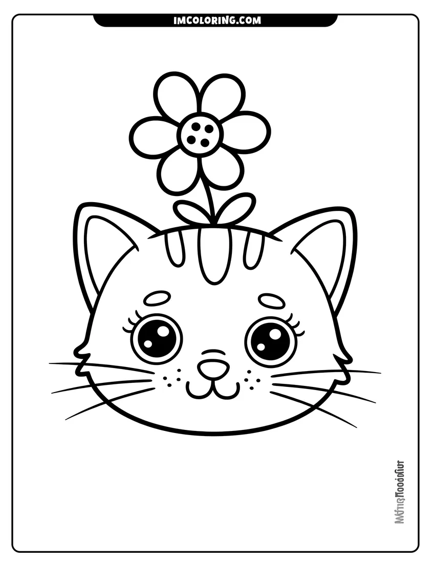 High quality printable Cute kitten face with large eyes and a flower on its head with thick black outlines for coloring