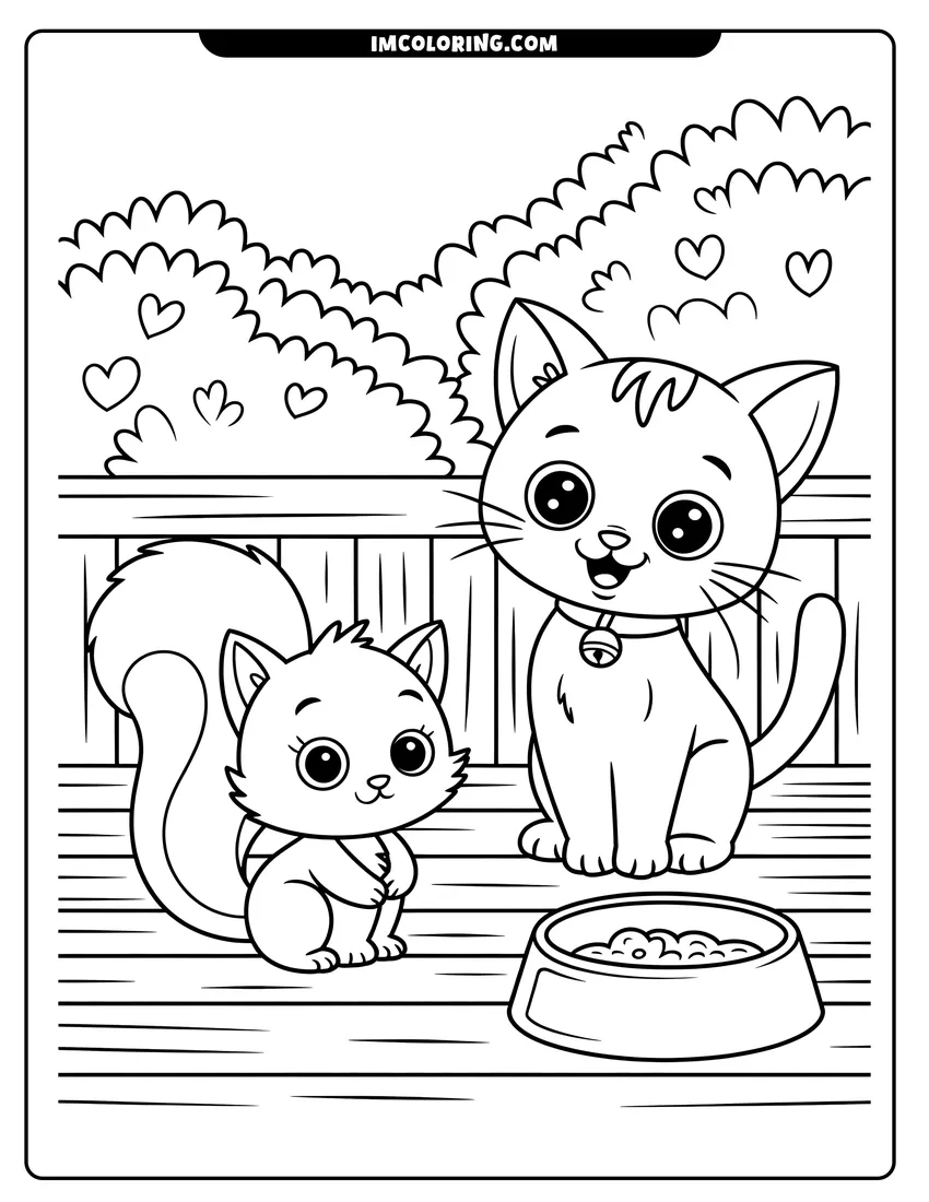 Full page coloring image of Two cute cats with big eyes stand near a food bowl on a wooden deck with hearts