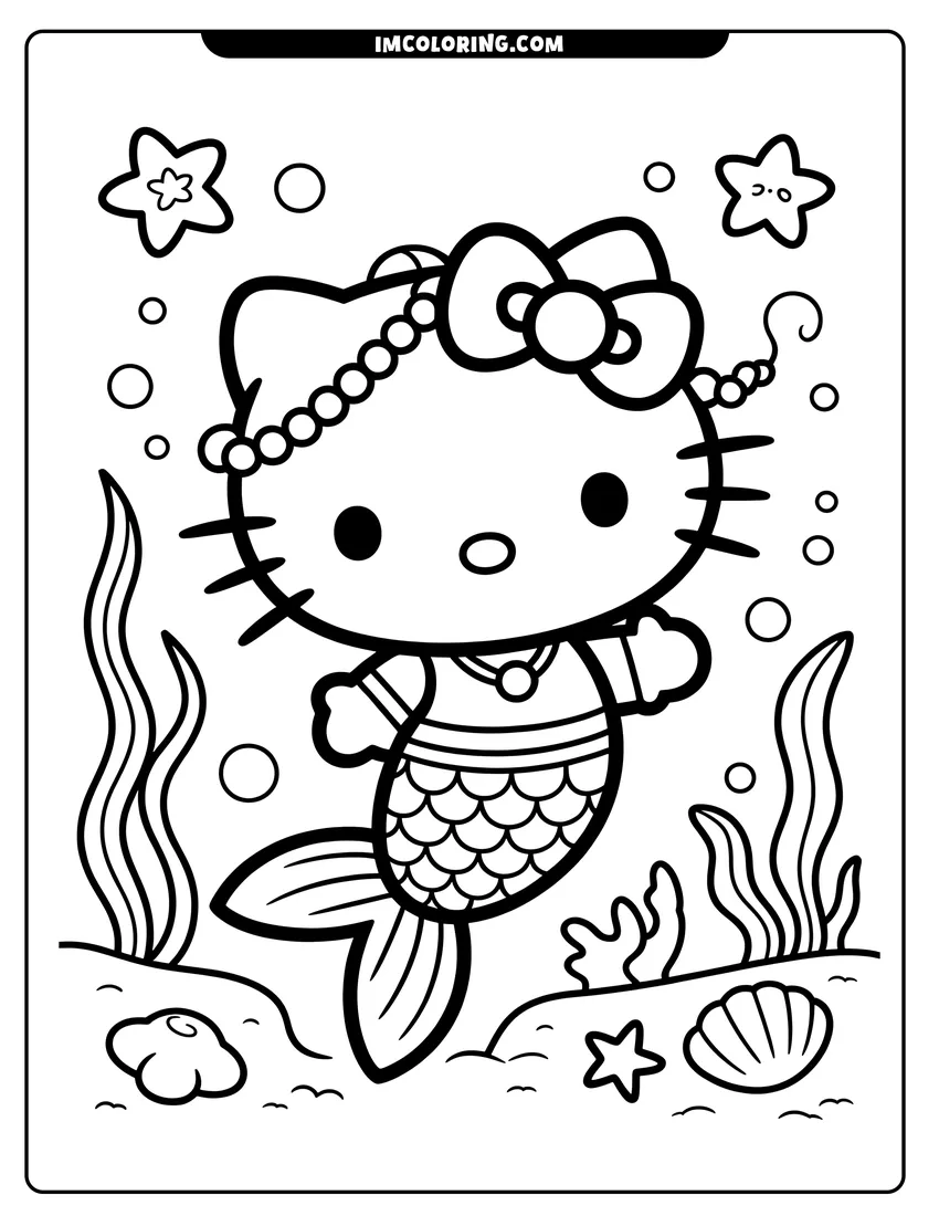 Linear illustration of A cute cartoon cat mermaid swimming underwater surrounded by bubbles, starfish, seaweed, and seashells on the ocean floor