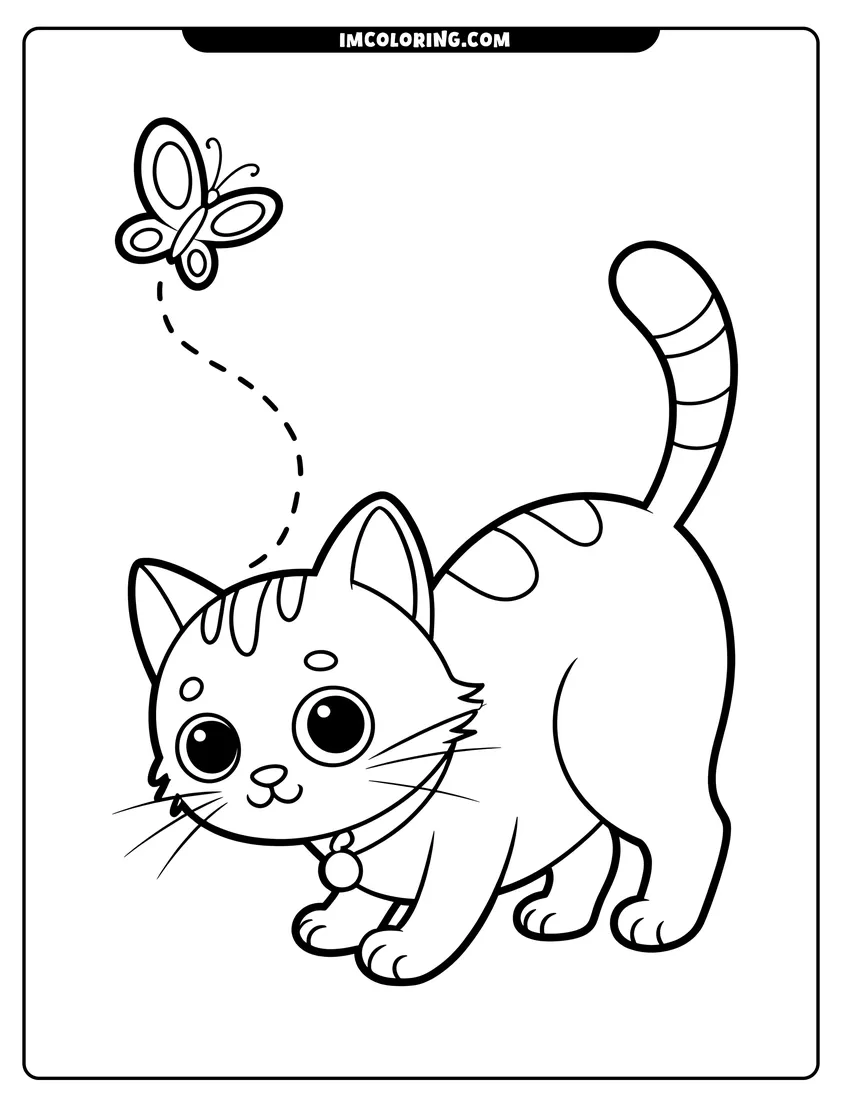 Printable line art of A cute cartoon kitten with big eyes looking up at a small butterfly fluttering above its head