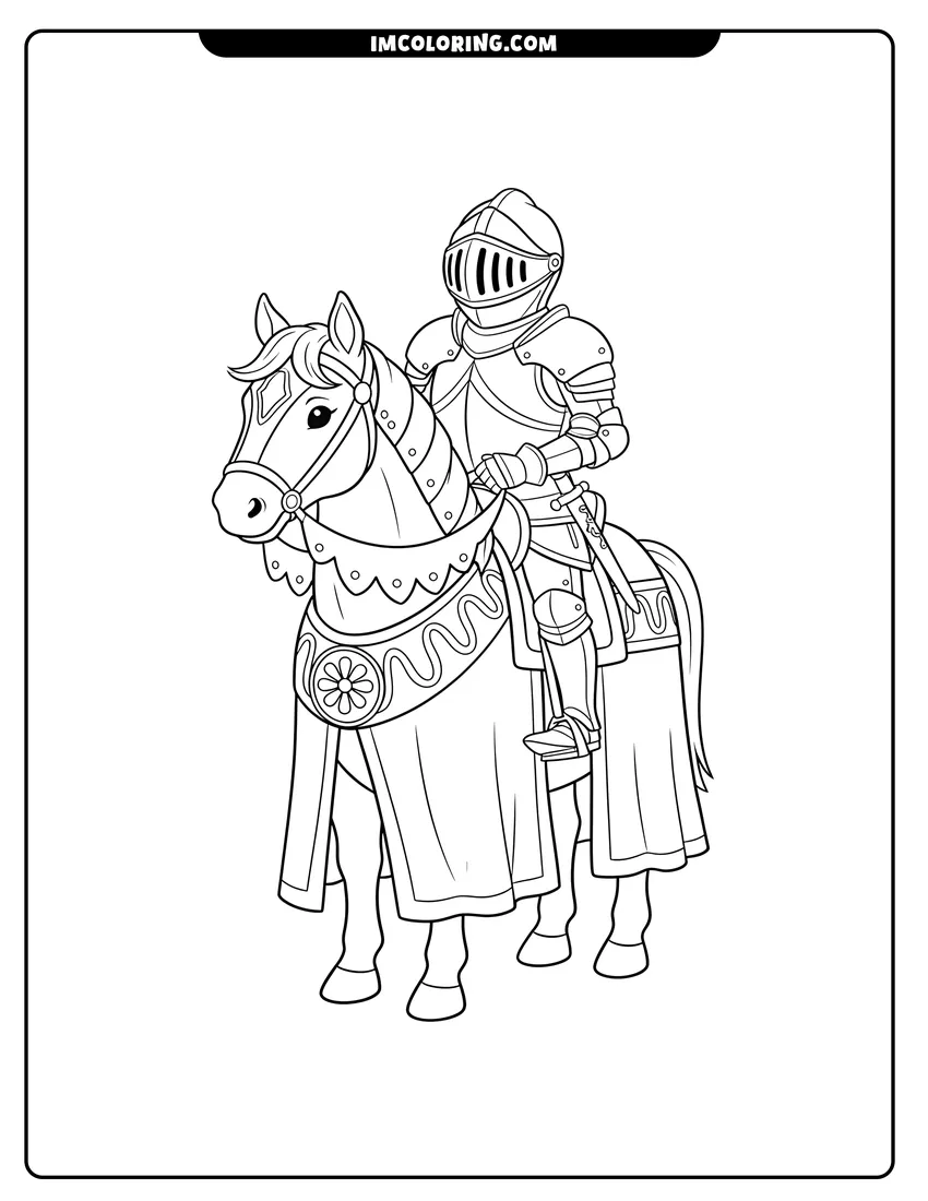 Coloring sheet featuring A knight in full armor riding a majestic horse wearing decorative royal blankets