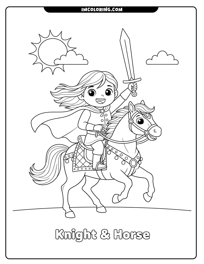 Full page coloring image of A happy young girl knight riding a decorated horse and holding a sword under a sunny sky