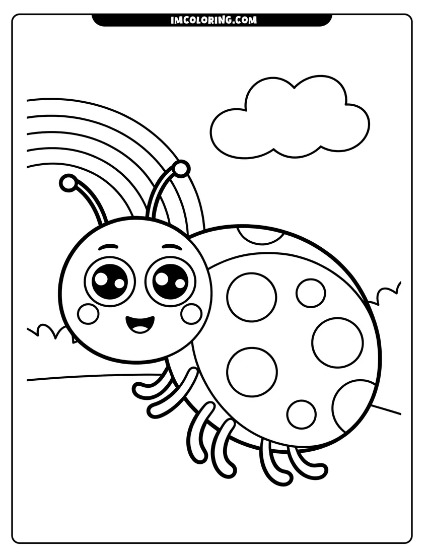 Printable coloring page of A smiling cartoon ladybug with spots crawling in front of a rainbow and a fluffy cloud