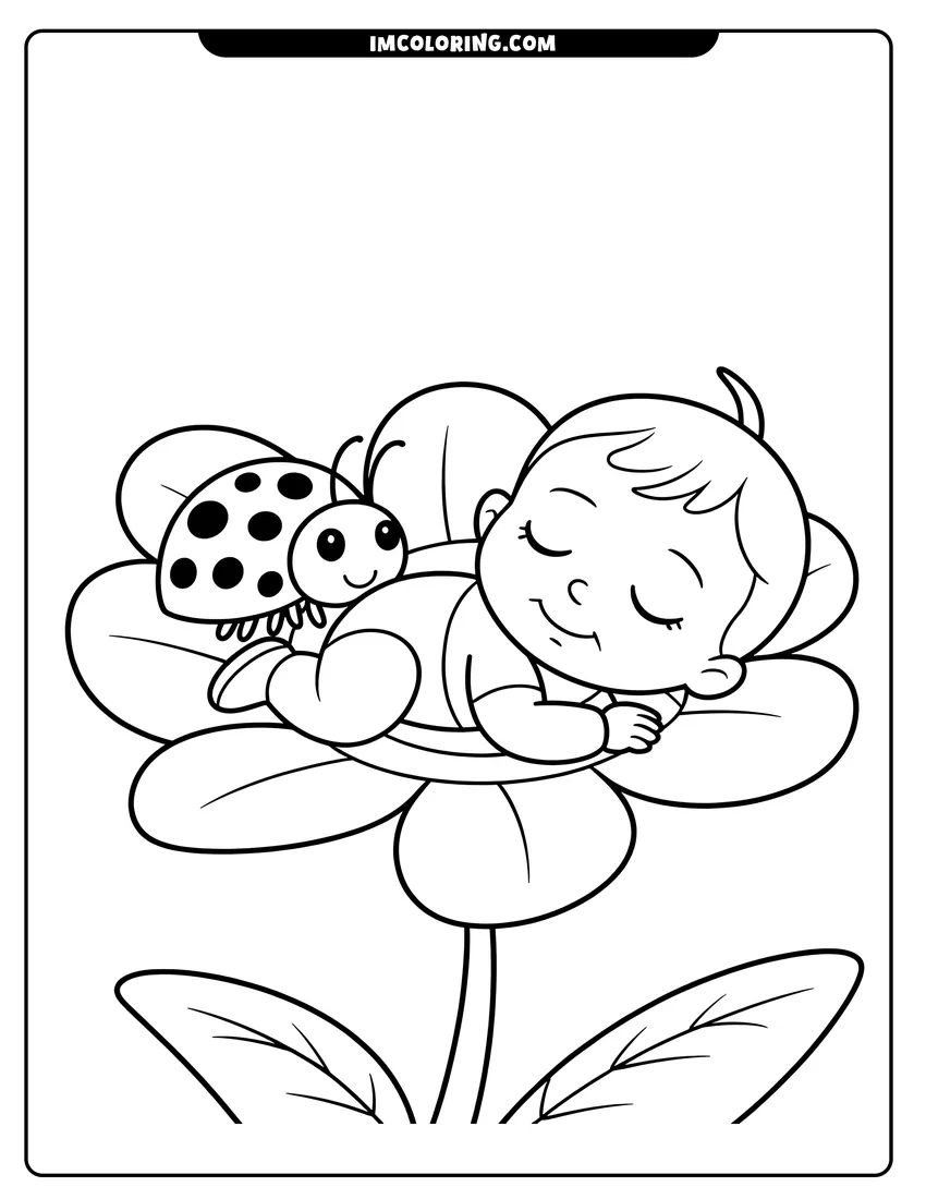 Printable coloring page of A cute baby sleeping on a large flower petal with a smiling spotted ladybug sitting nearby
