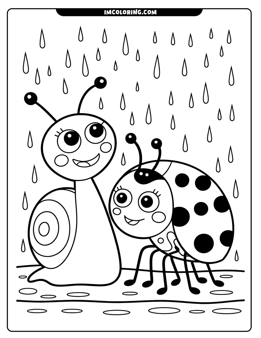 Clean line drawing: A smiling ladybug and a happy snail looking at each other while raindrops fall in the background