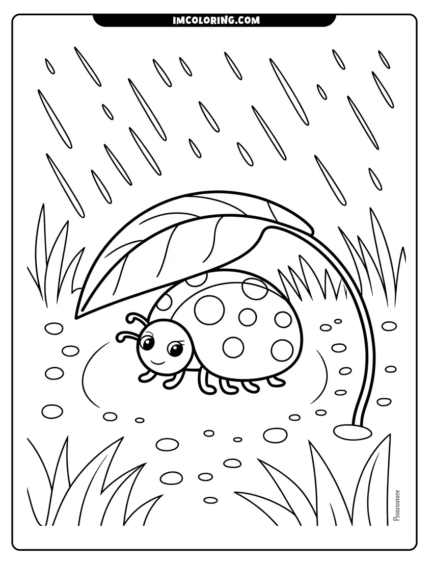 Downloadable coloring page of A cute cartoon ladybug smiling and sheltering under a large leaf during a rain shower in grass