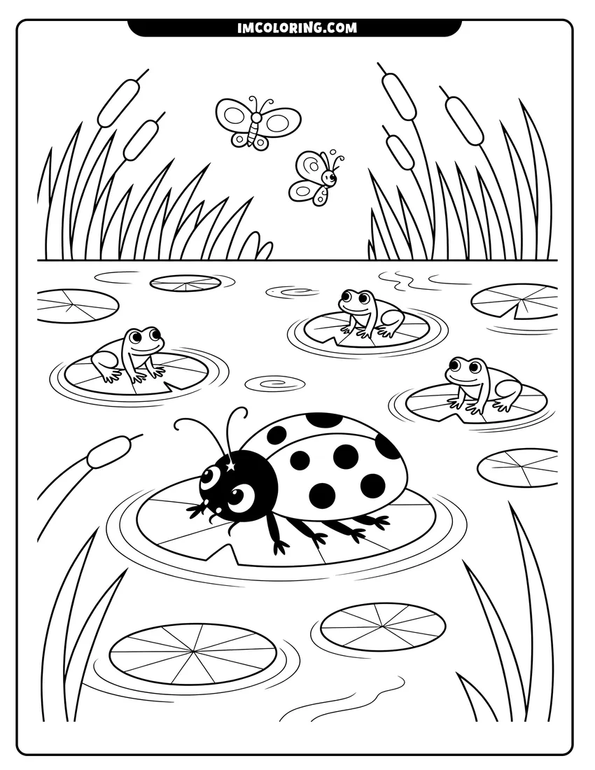 High quality printable A cute ladybug resting on a lily pad in a pond with frogs, butterflies, and cattail plants for coloring