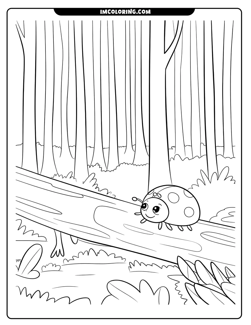 High quality printable A cute cartoon ladybug wearing a bow crawling on a fallen log in a dense forest for coloring