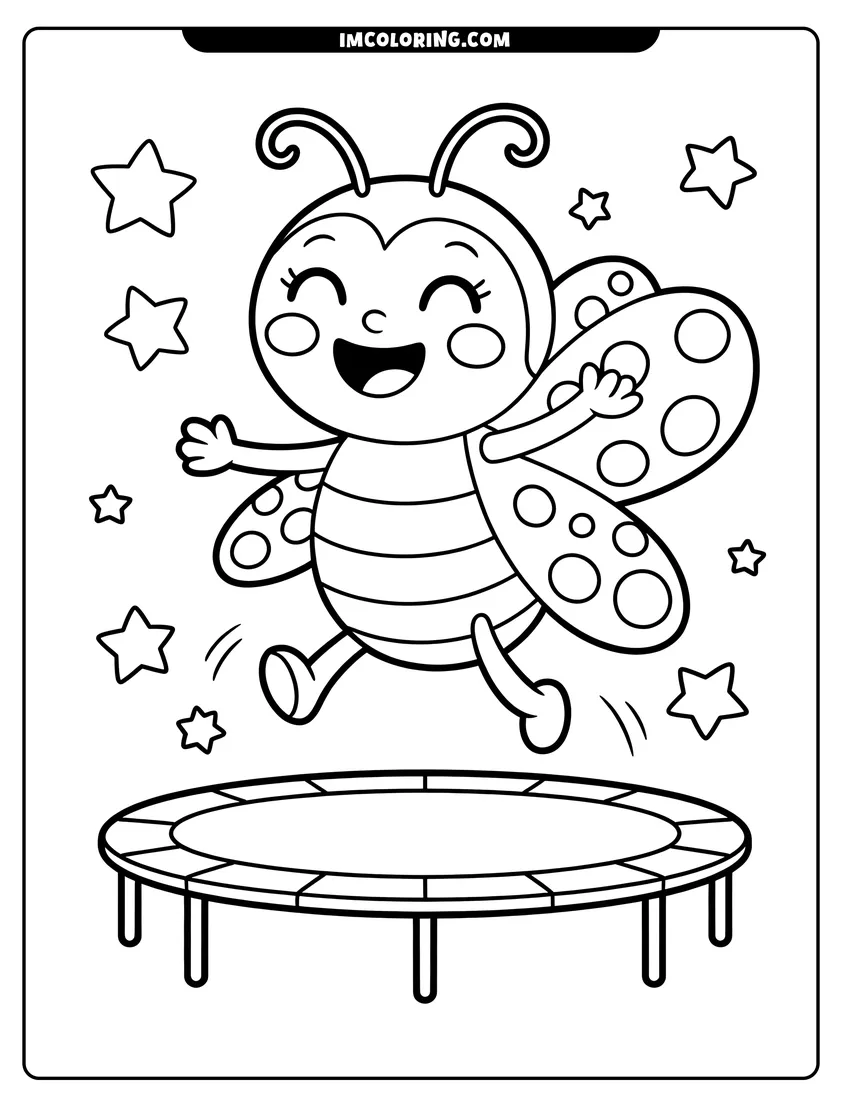 Coloring page of A happy cartoon ladybug jumping high on a trampoline with stars in the background