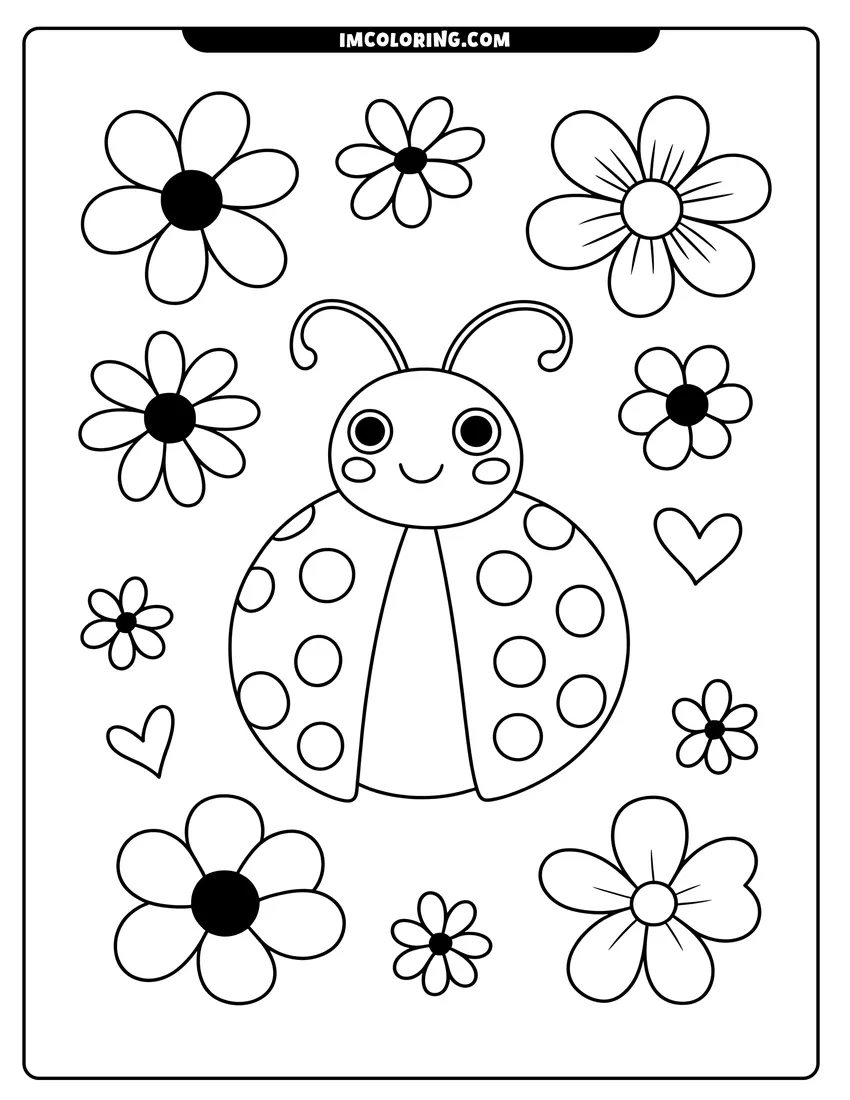 Coloring page of A cute cartoon ladybug with spots surrounded by several simple flowers and small hearts in a garden