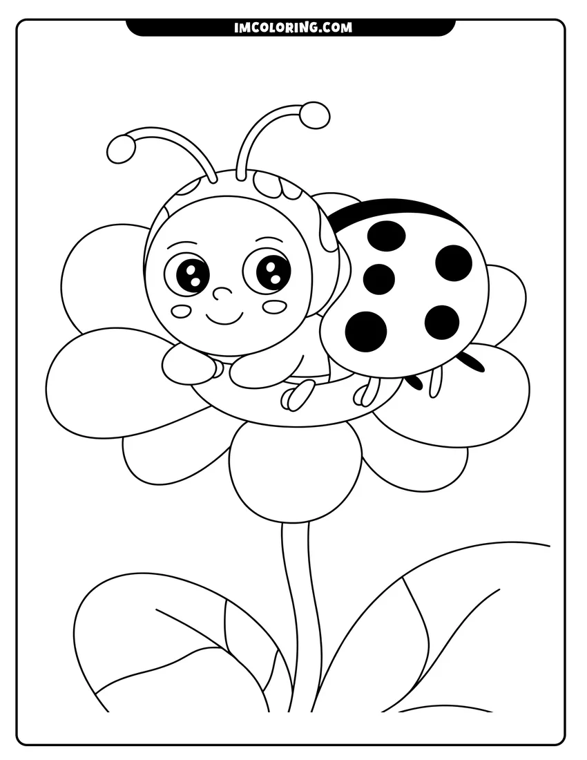 Free printable coloring sheet of A cartoon ladybug with large eyes sitting on top of a blooming flower with thick black outlines