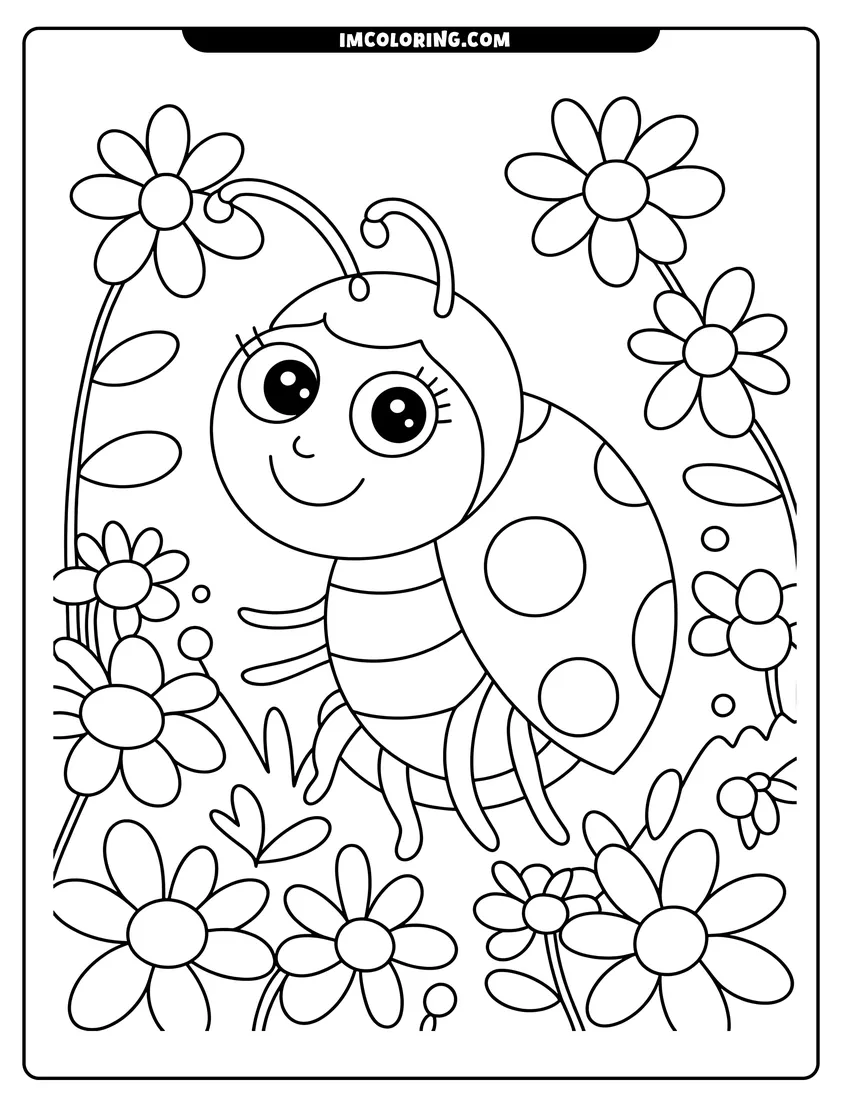 Black and white line art of A cute cartoon ladybug with large eyes smiling and crawling through a field of daisy flowers