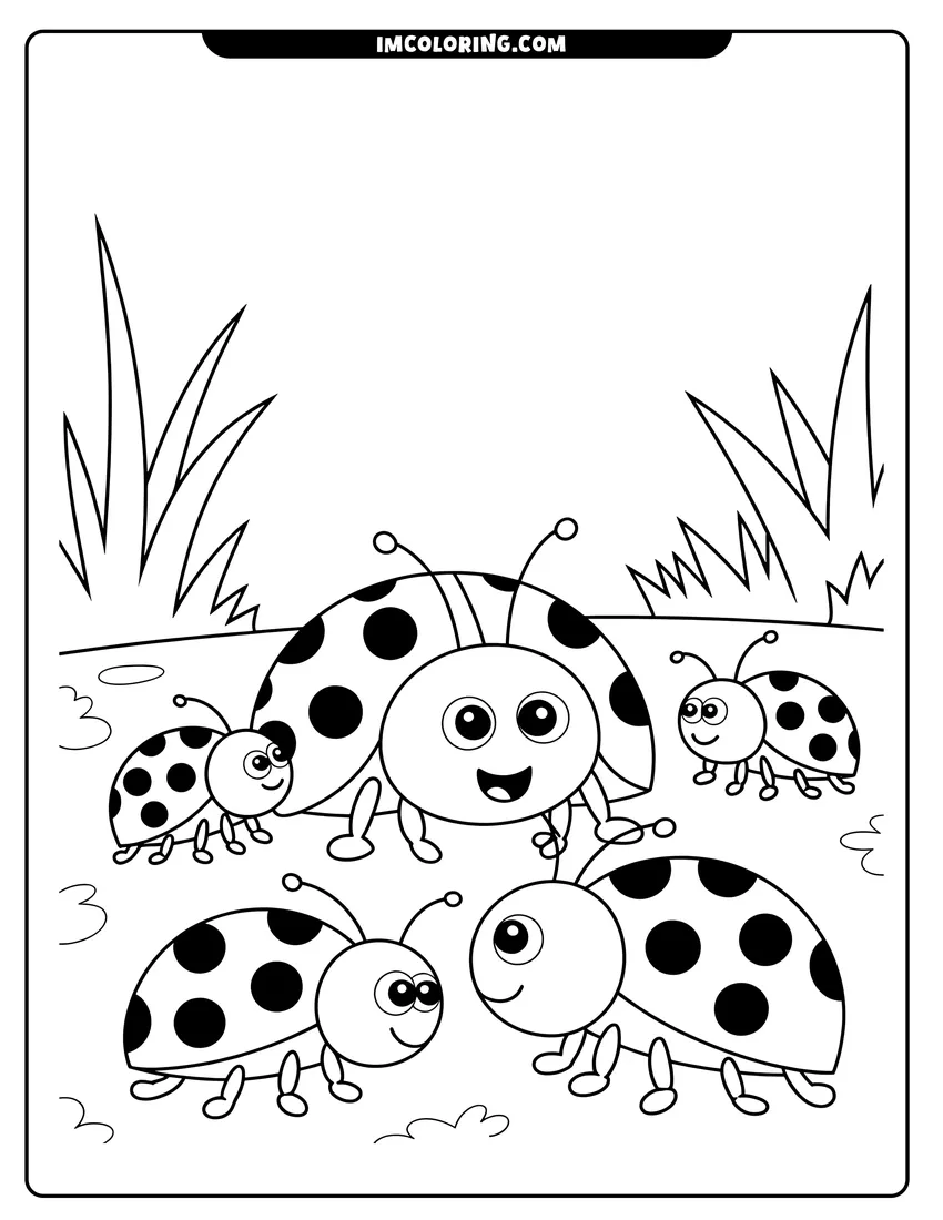 Full page coloring image of Five cute cartoon ladybugs with spots and big eyes playing together in a grassy field