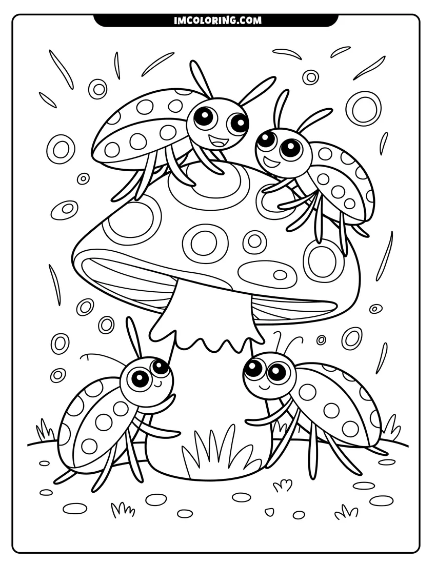 Free to print drawing of Four cute cartoon ladybugs with big eyes smiling and crawling on a large spotted mushroom in a field