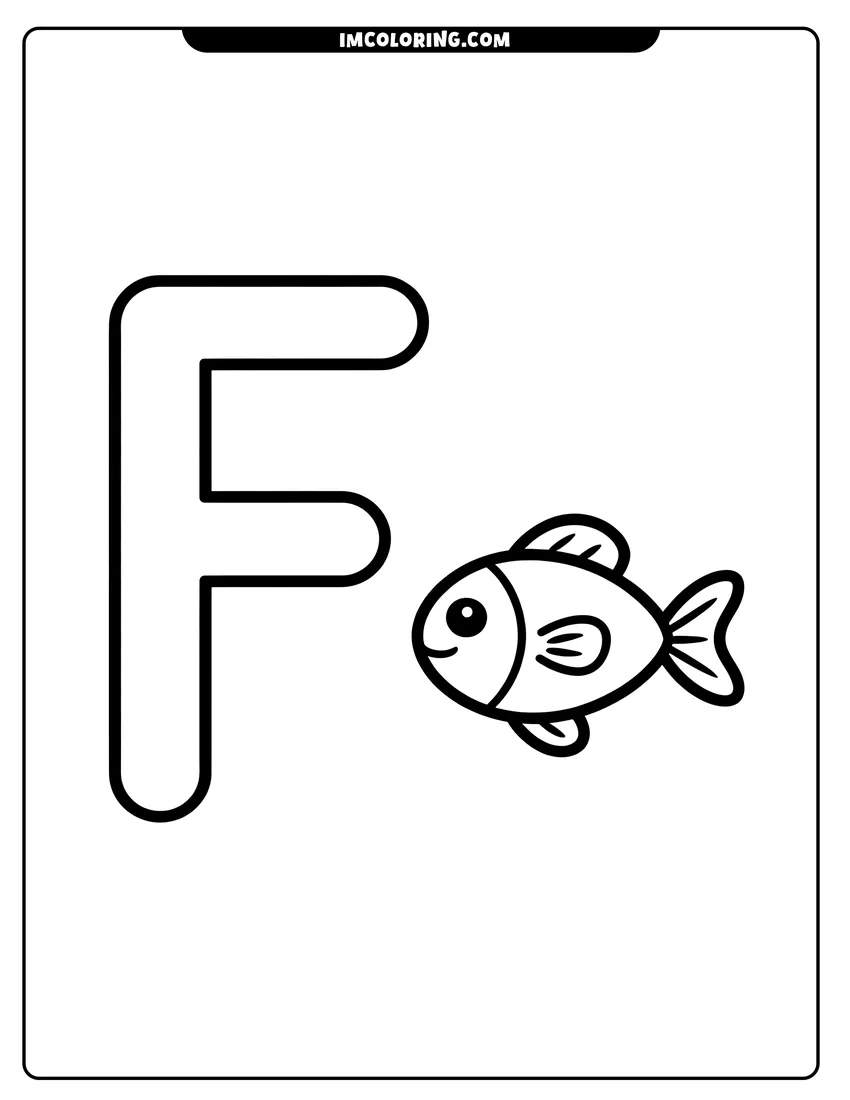 Free to print drawing of A cartoon fish with a big smile swimming beside a large capital letter F for kids to color
