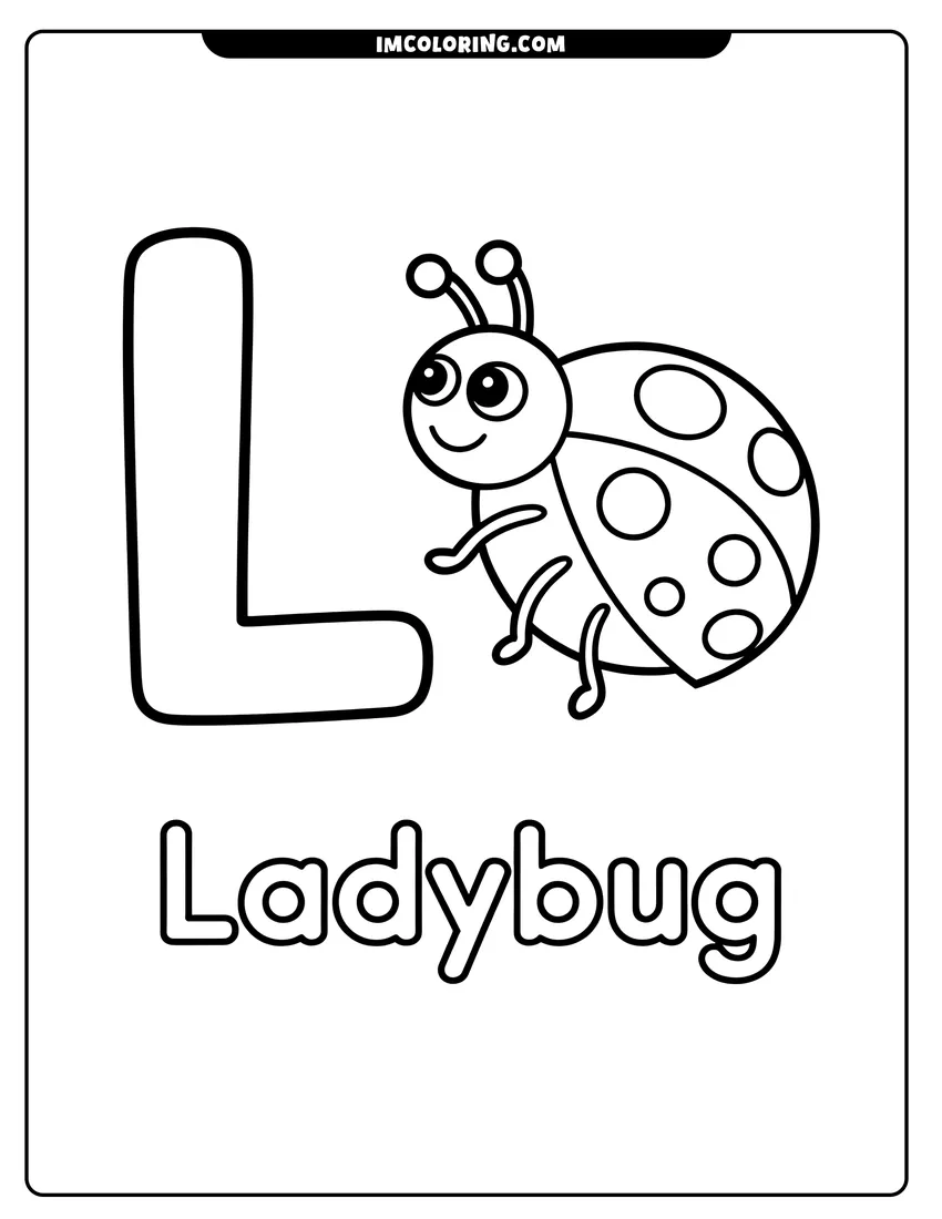 Vector style outline of A cute cartoon ladybug with spots standing next to a large capital letter L and the word ladybug