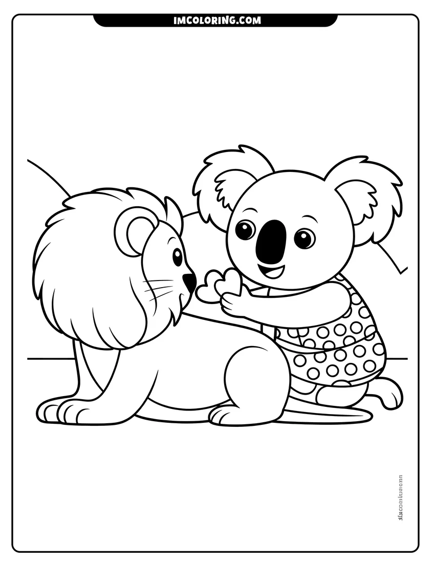 Vector style outline of A cute lion resting on the ground with a friendly koala wearing a polka-dot dress hugging him